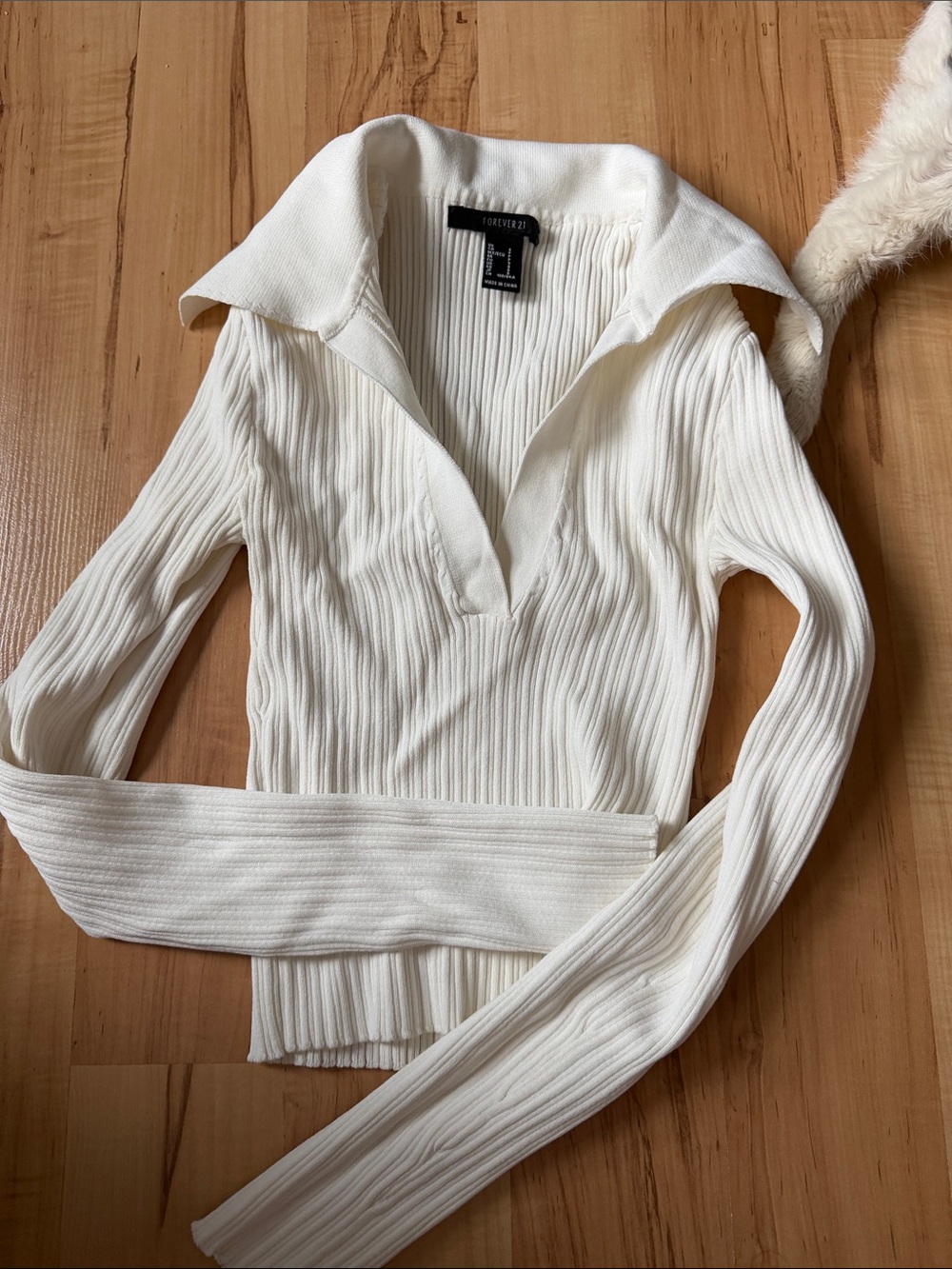 Forever 21 Cream Ribbed V-Neck Collared Knit Top
